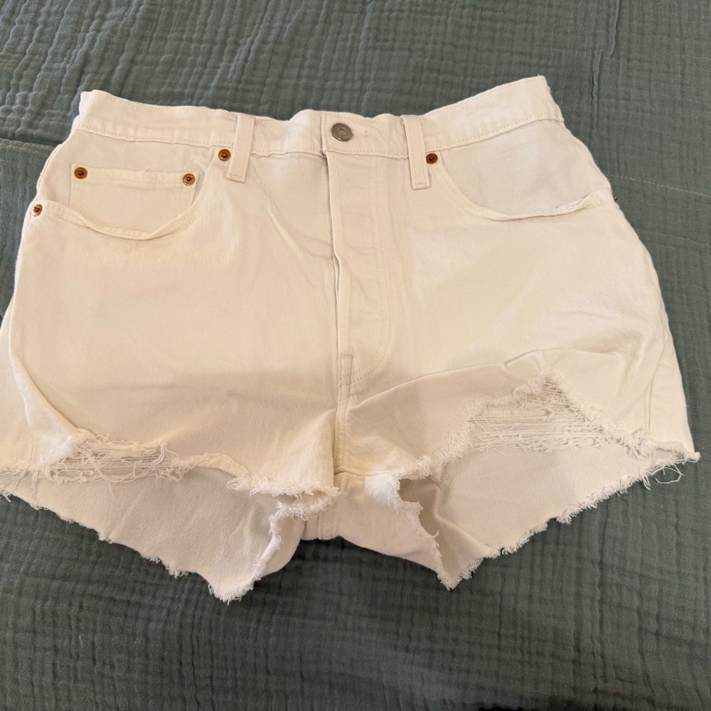 Levi's White Jean Shorts with Distressed Hem